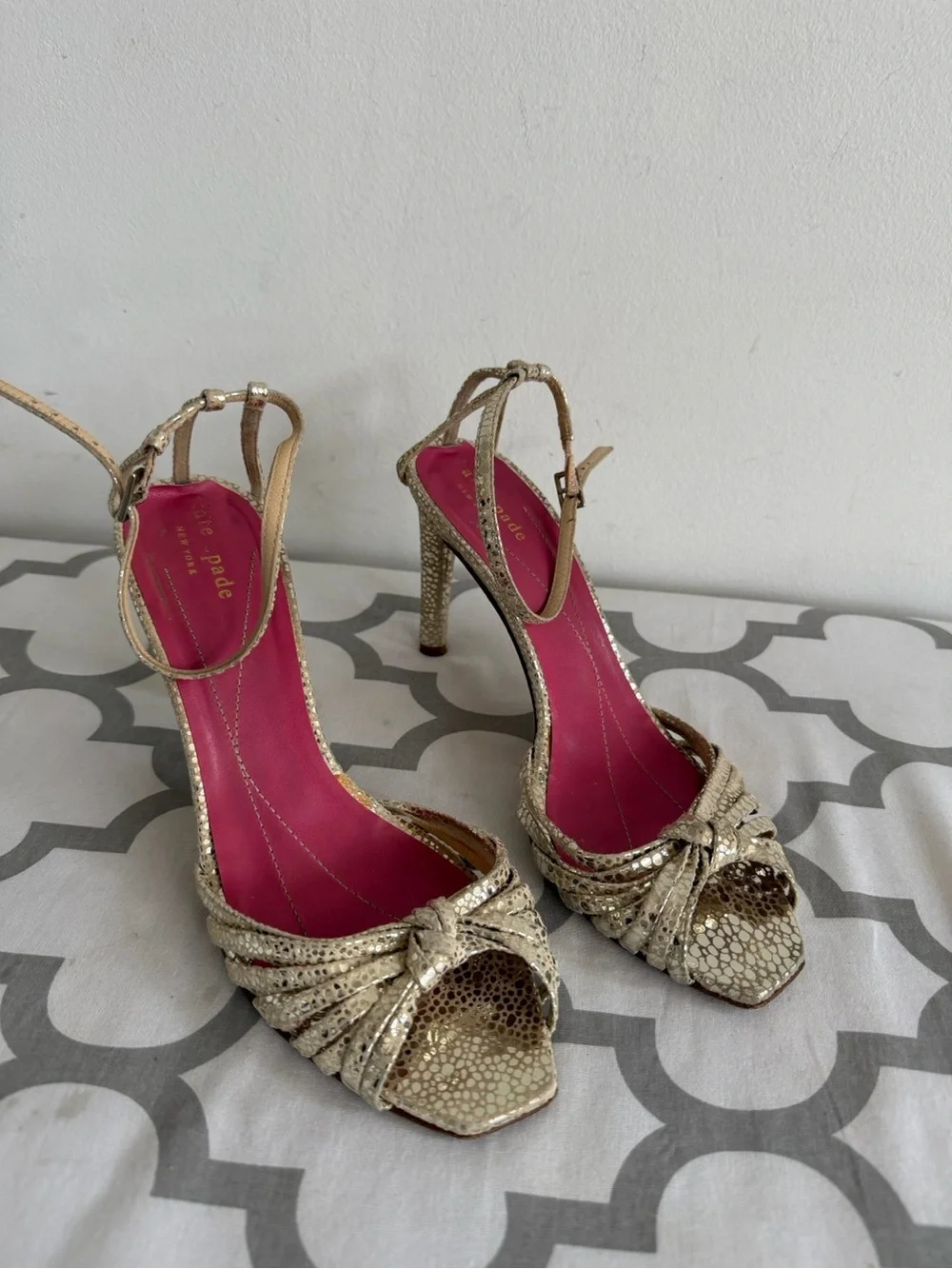 kate spade Gold Metallic Knotted Peep-Toe Slingback Heels with Pink Lining